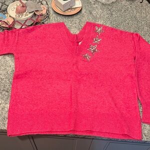 LNC- LOFT- M-  Pink V-Neck Sweater with Silver sequined Stars